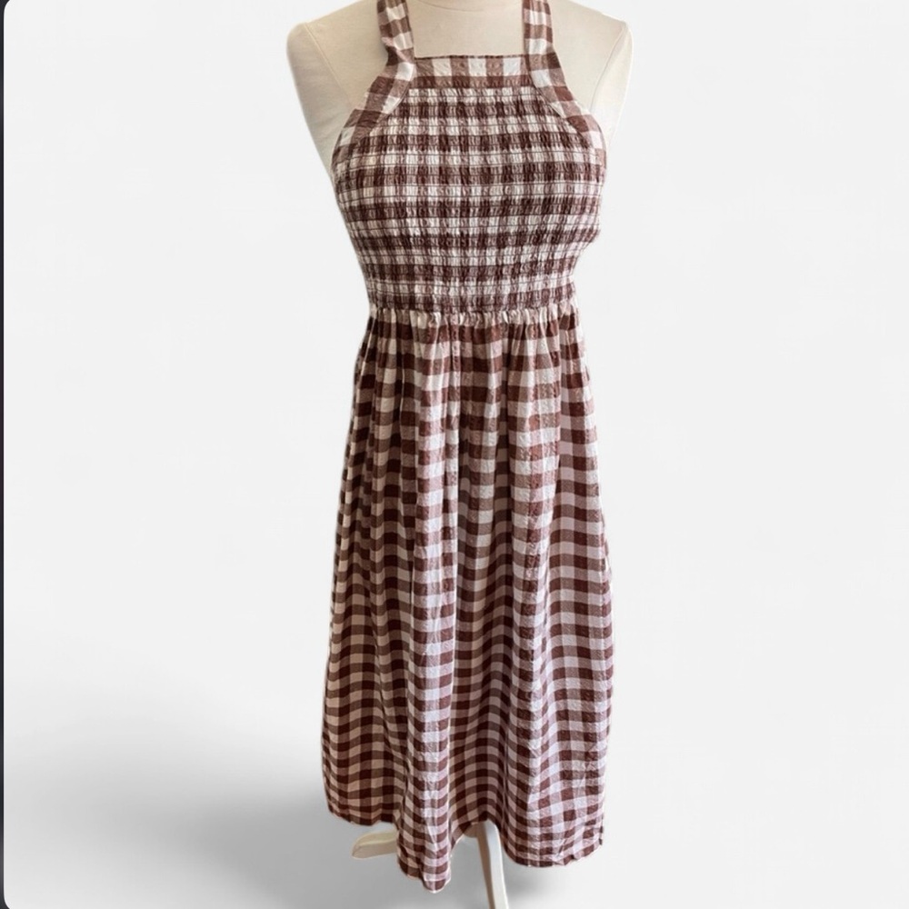 NWOT Collusion Brown and White Gingham Midi Halter Dress